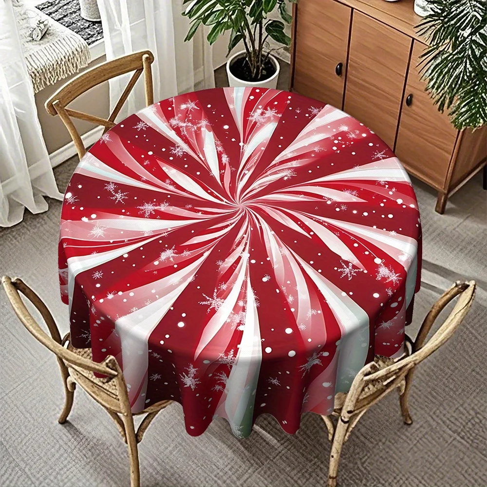 1pc Merry Christmas Snowflake Candy Cane Print Round Tablecloth Diagonal Polyester Material, Furniture Holiday Table Decor