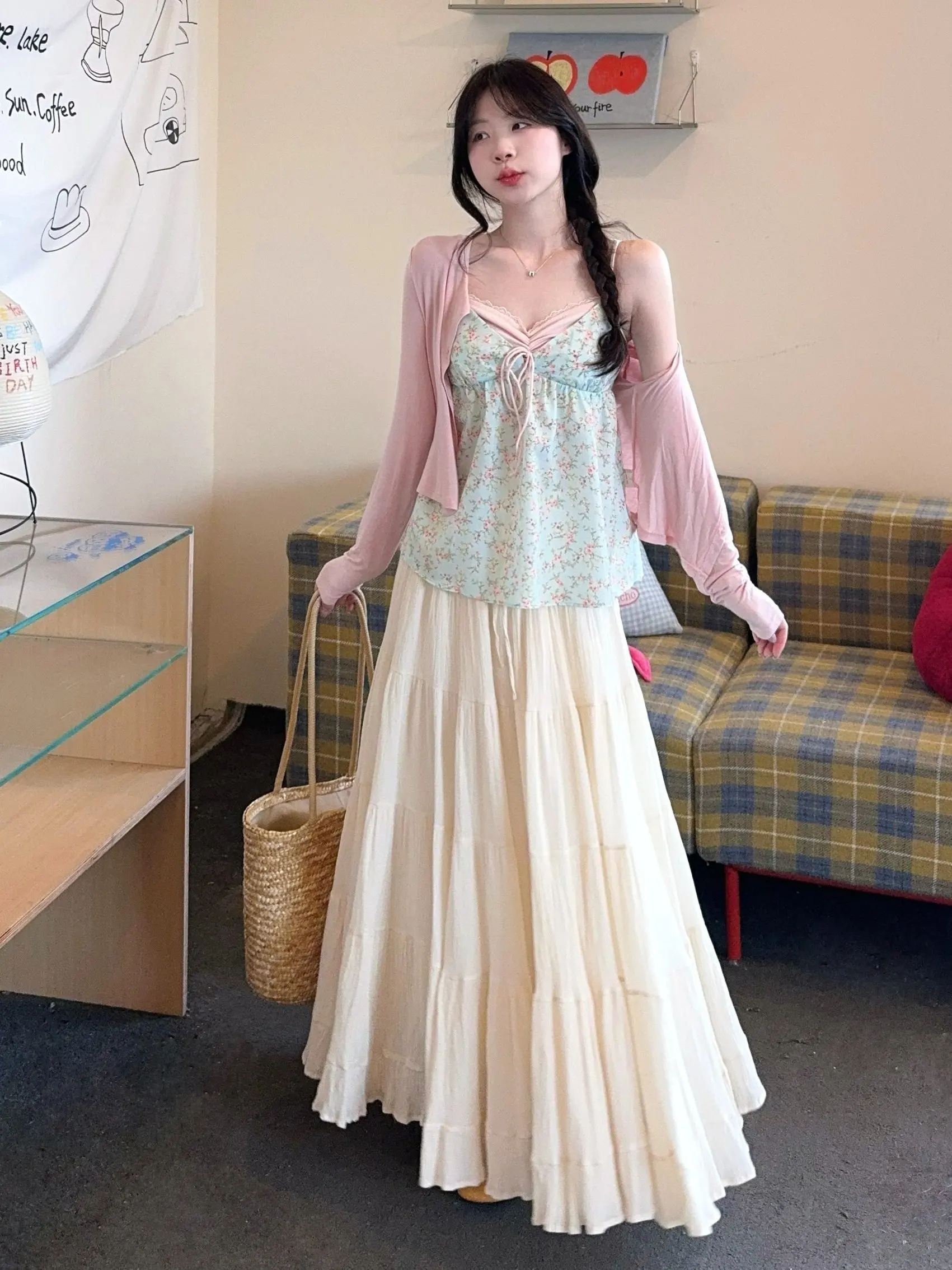 

plus Size Spring Summer Floral Print V-Neck Long Sleeve Blouse Cardigan UV Protection Two-Piece Set Women's Casual Fashion