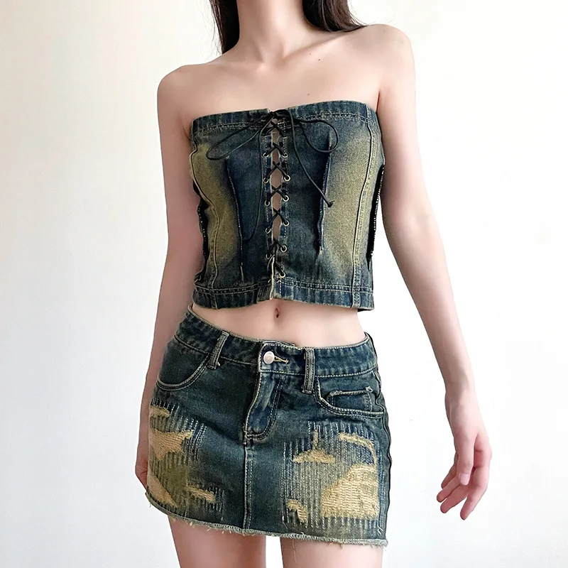 Sangle de poitrine enveloppée lavée et en détresse, corset nombril exposé, jupe taille haute brossée ultra courte, ensemble en denim sexy pour fille épicée