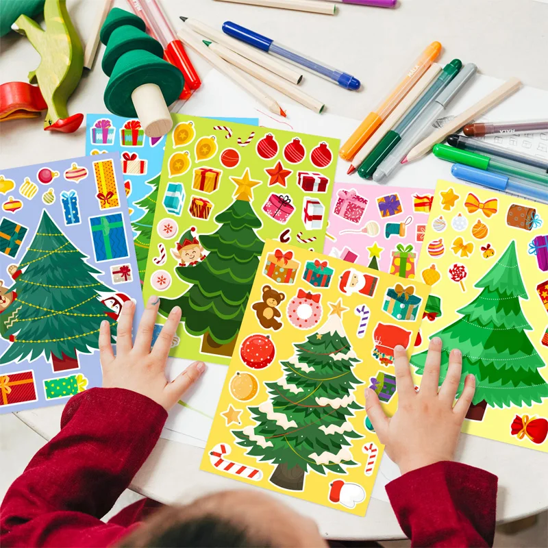 6 Sheets/Set Christmas Tree Stickers Kids Handmade DIY Puzzle Sticker Make a Xmas Tree Stickers Gift Decoration Decal