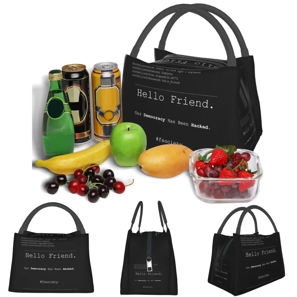 Mr Robot Hello Friend Fsociety Lightweight Handheld Insulated Lunch Bag Aluminum Foil Liner for Adults Students Travel Picnic
