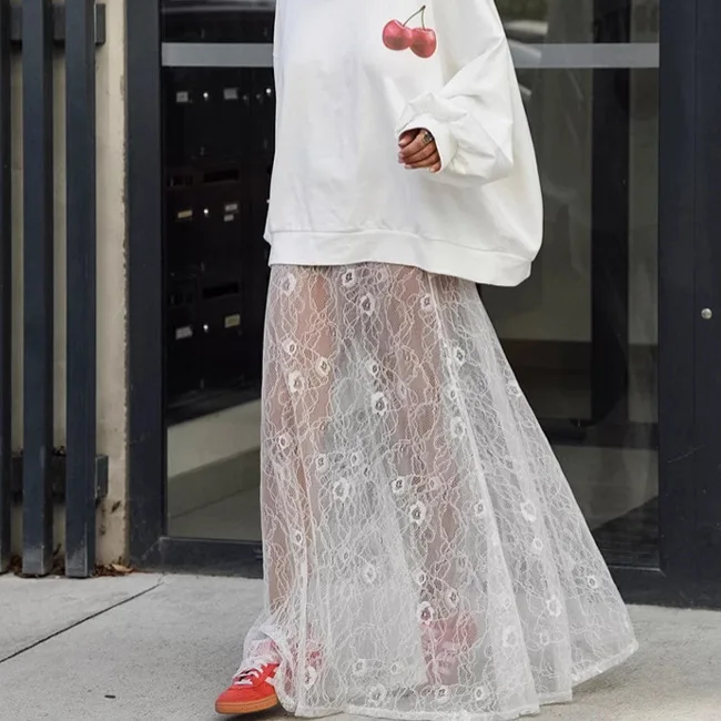 Sexy Spitze Stickerei Durchsichtiger Midirock Faionable Cross-border Damen Langer Rock A-Linie Commuter Sle Langer Rock