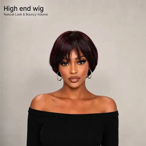 Black Burgundy Highlight Short Bob Wig, Side Bang Heat‑Resistant Synthetic Glueless Realistic Daily Party Wig for Women