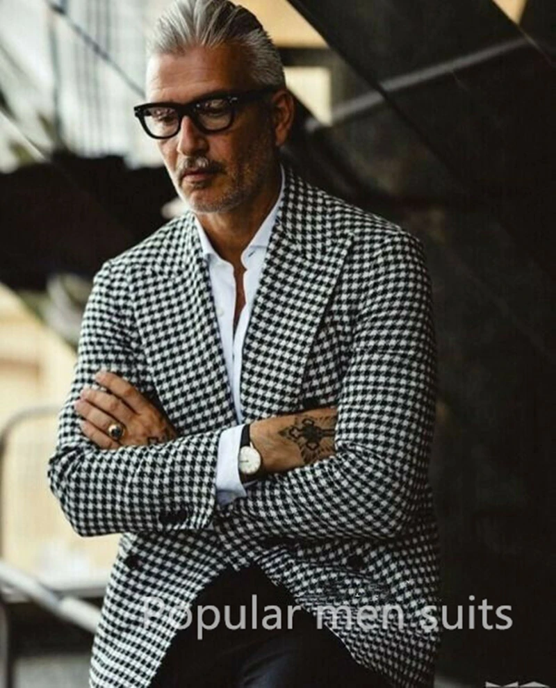 Plaid Wedding Blazer Men Gentleman Suit Houndstooth Jacket Casual Slim Fit Double Breasted Coat Formal Business Male Only Blazer