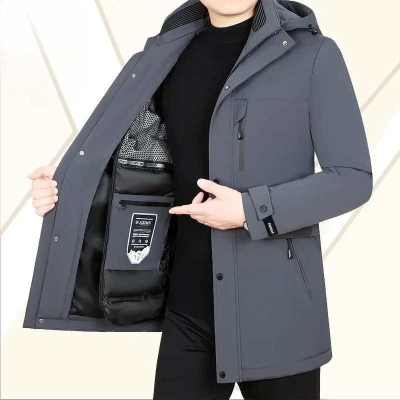 Mantel panjang musim dingin pria, jaket parka santai longgar setengah panjang, jaket tebal hangat mode luar topi dapat dilepas