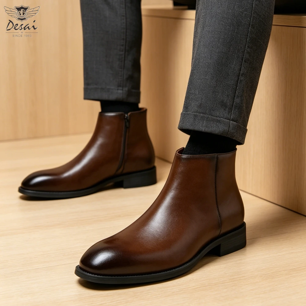 Men's Chelsea Boots, Side Zipper Leather Ankle Boots, Business Casual Formal Dress Shoes, Non-Slip All-Season Footwear