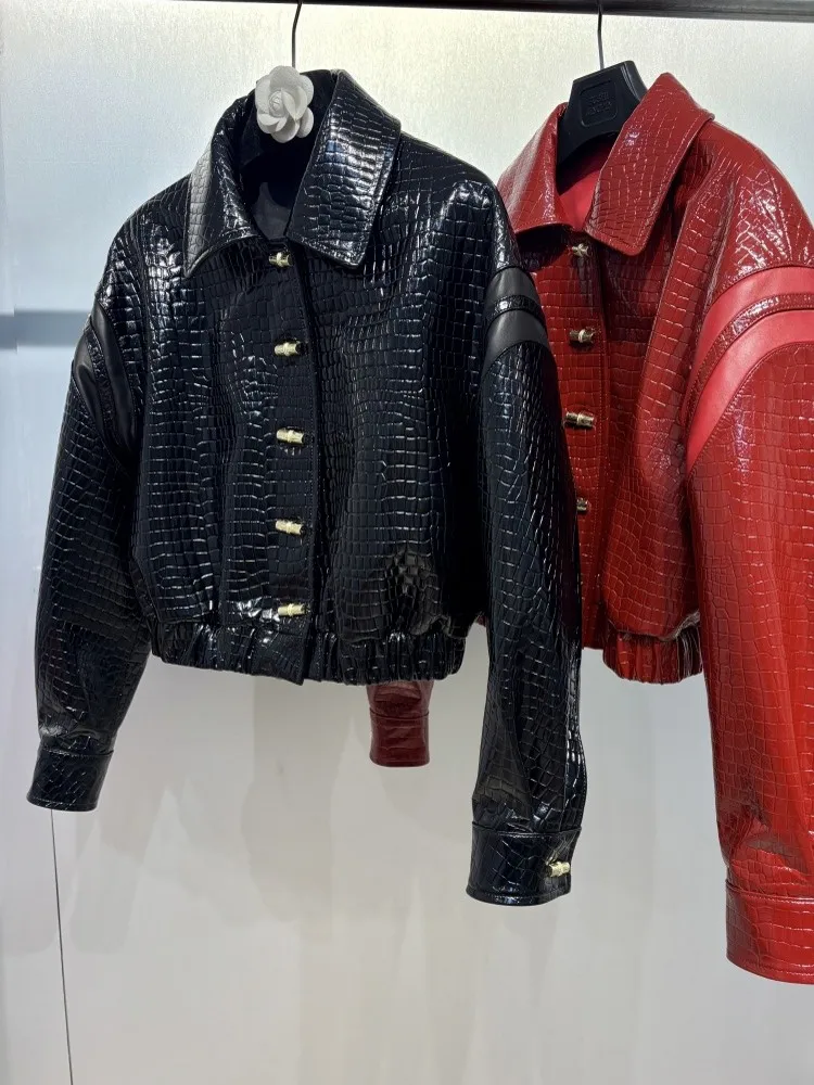 السيدات أنيقة التمساح الحبوب سترة جلدية حقيقية ترتيب الأسرة طوق الخريف الشتاء معطف قصير جلد الغنم الحقيقي المرأة عادية فضفاض #6