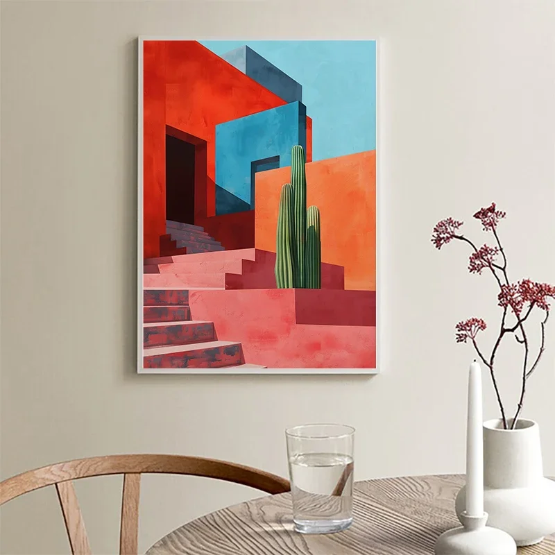 1PC frameless decorative art print,Colourful Mexican Street Cactus Poster Wall Art Picture Architecture Boho Canvas Painting Pri - view 4