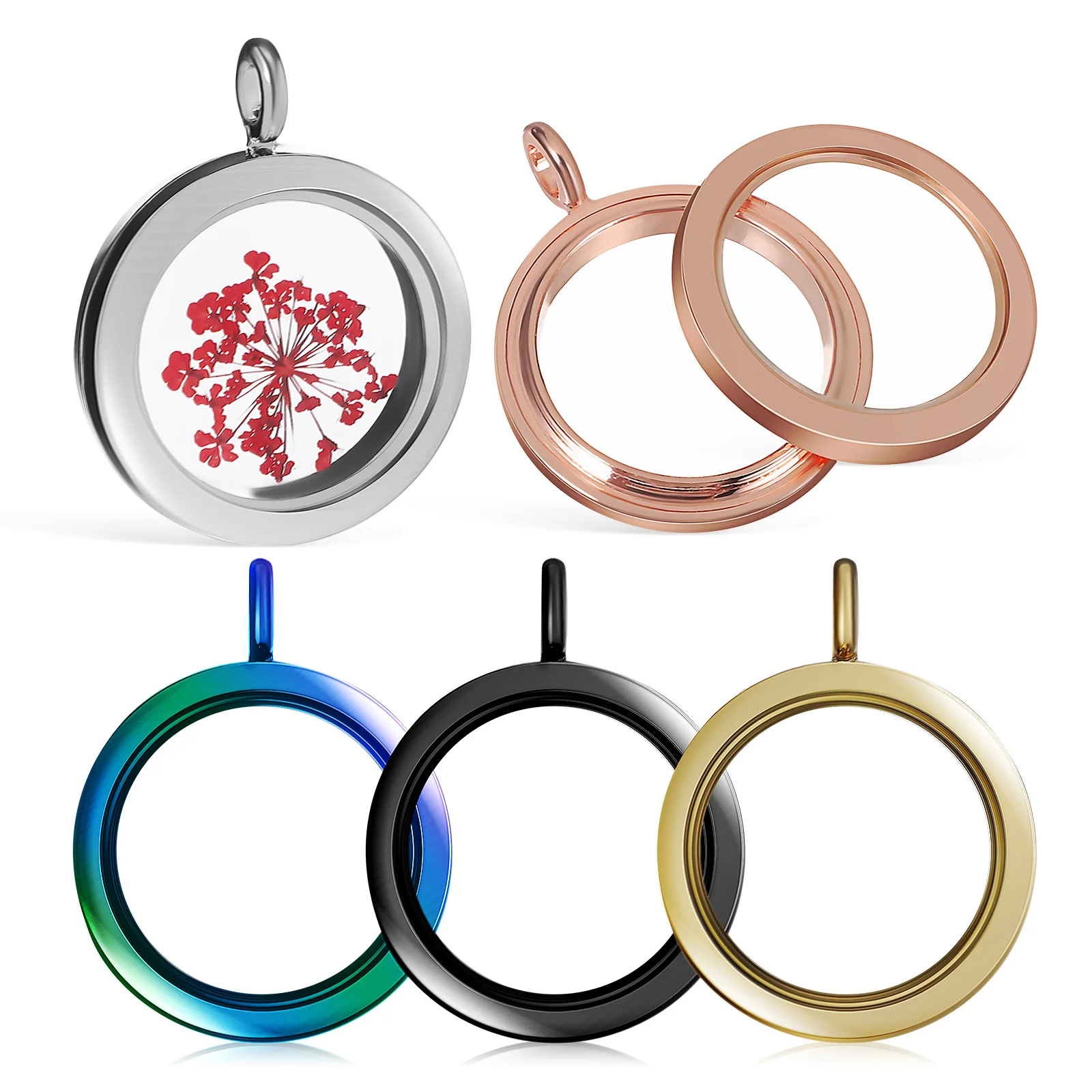 5 قطع من قلادات الصور الشفافة الدائرية لصناعة المجوهرات، قلادات معدنية لامعة بإطار مزدوج الجوانب قابل للفتح