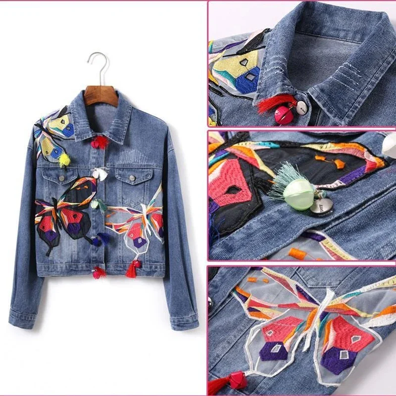 Embroidered Butterfly Denim Jacket Women Vintage Loose Jeans Outwear Personality Street Harajuku Casual Ladies Short Coat Tops