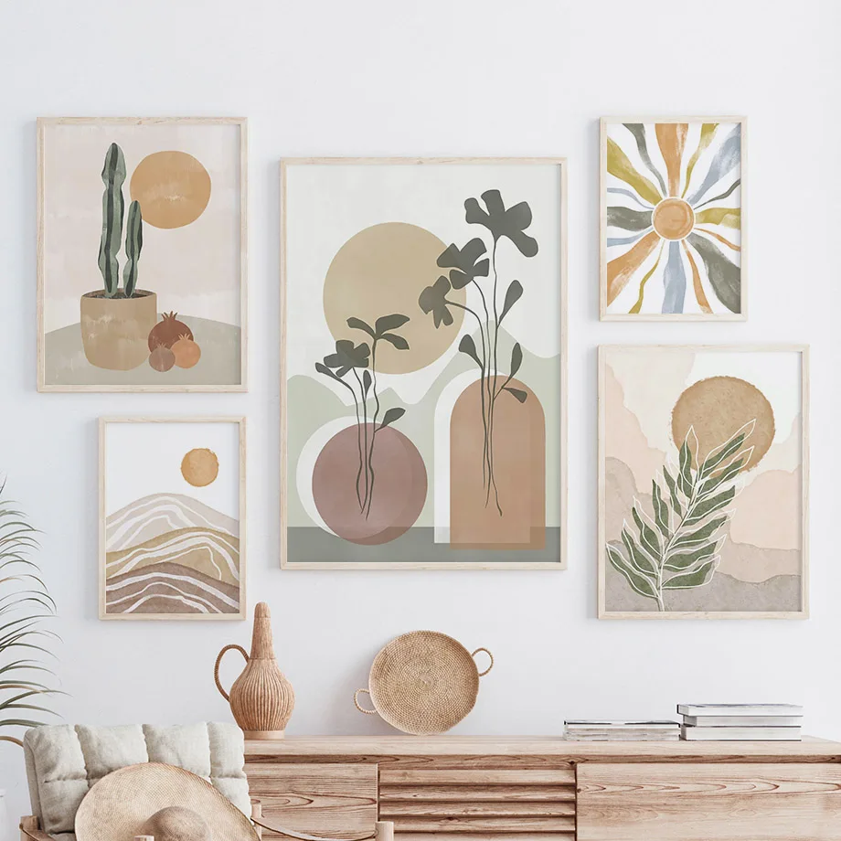 Wall Art Canvas Painting Abstract Geometry Sun Leaves Fern Cactus Nordic Posters And Prints Boho Pictures For Living Room Dec