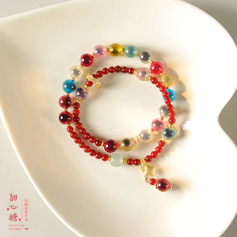 Colorful Sugar Heart Agate Women’s Double Circle Bracelet – Exquisite Unique Friendship & Best Friend Gifts