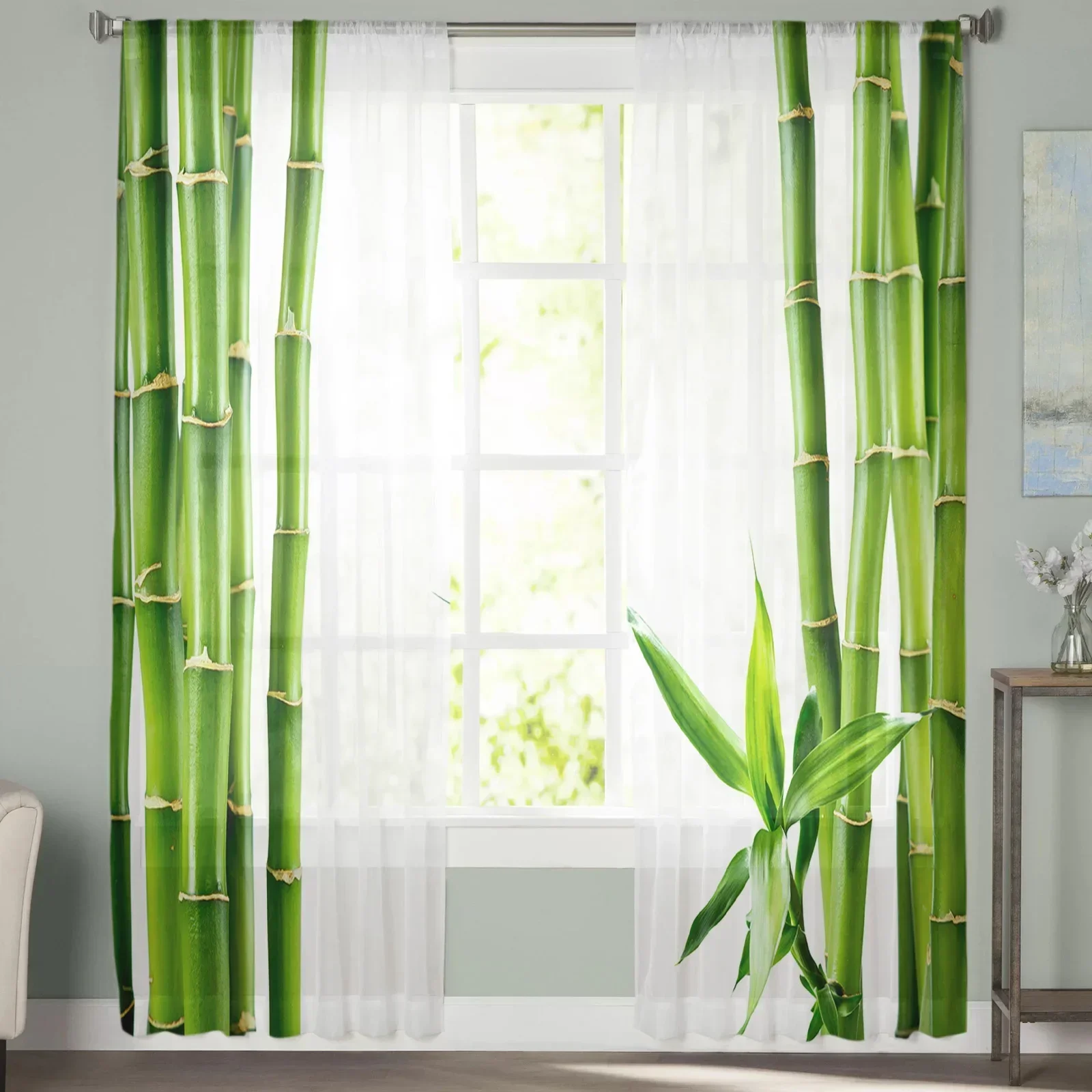 Green Bamboo Zen Plant White Tulle Sheer Curtains for Living Room Decoration Window Curtain for Bedroom Voile Organza Drapes