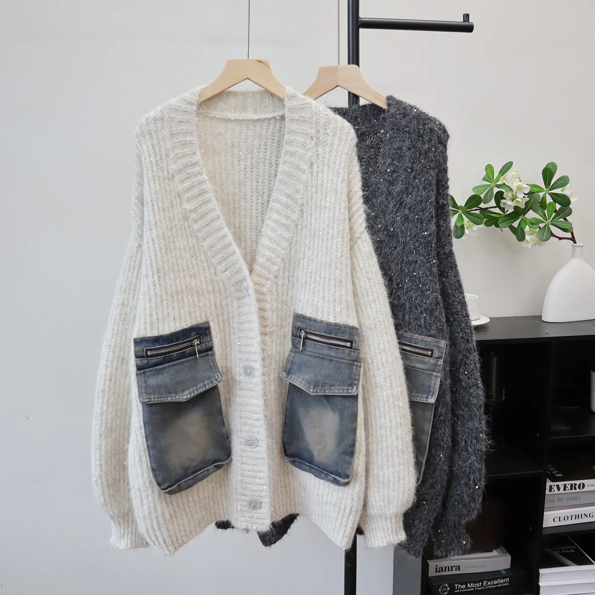 

Women Cardigan Sweater Knitted Casual Sweater Sequin Spliced Denim V Neck Button Long Sleeve Mid Length Open Stitch 2025 Autumn