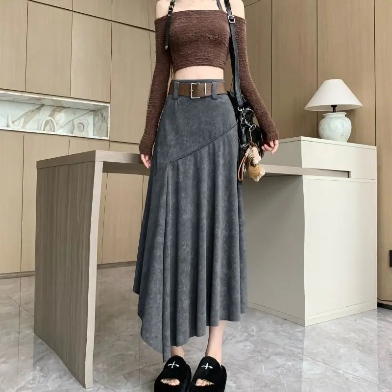 Khaki Irregular Design Fashionable Temperament Versatile Half Women's Early Autumn New Mid Length Minimalist Casual Skirt