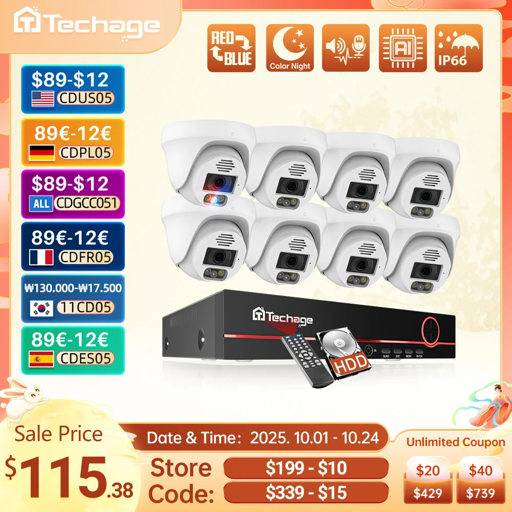 

Techage H.265 8CH 4K 5MP POE Security Camera System 8MP Face Detect Dome Indoor Two Way Audio Color Night Video Surveillance Kit