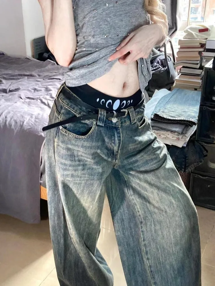 Deeptown Y2k Vintage High Street Wide Leg Jeans Women American Retro Casual All-match Streetwear Denim Trousers 2000s Female