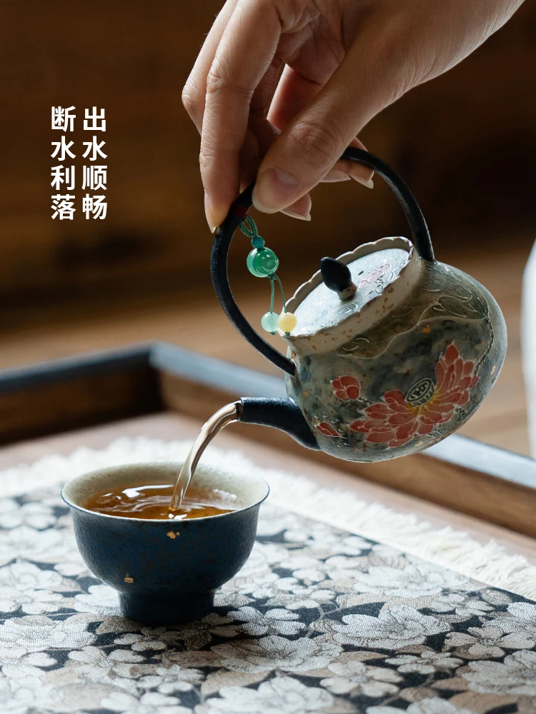 Pure Hand Painting Open and Di Lanfeng Loop-Handled Teapot Lady's Office New Chinese Style Ceramic Tea Maker