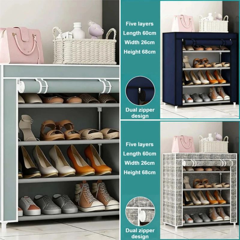 5-Layer Dustproof Shoe Storage Rack with Curtain Cover for Entryway Home Dormitory Space-Saving Shoe Organizer Cabinet