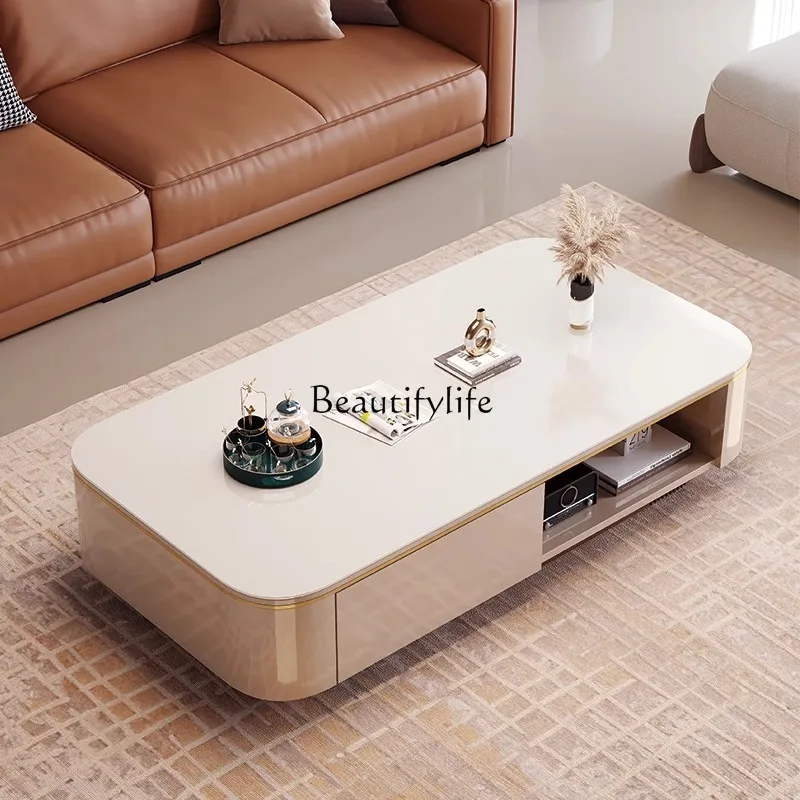 

5Rock slab double-layer coffee table living room household glass coffee table TV cabinet combination