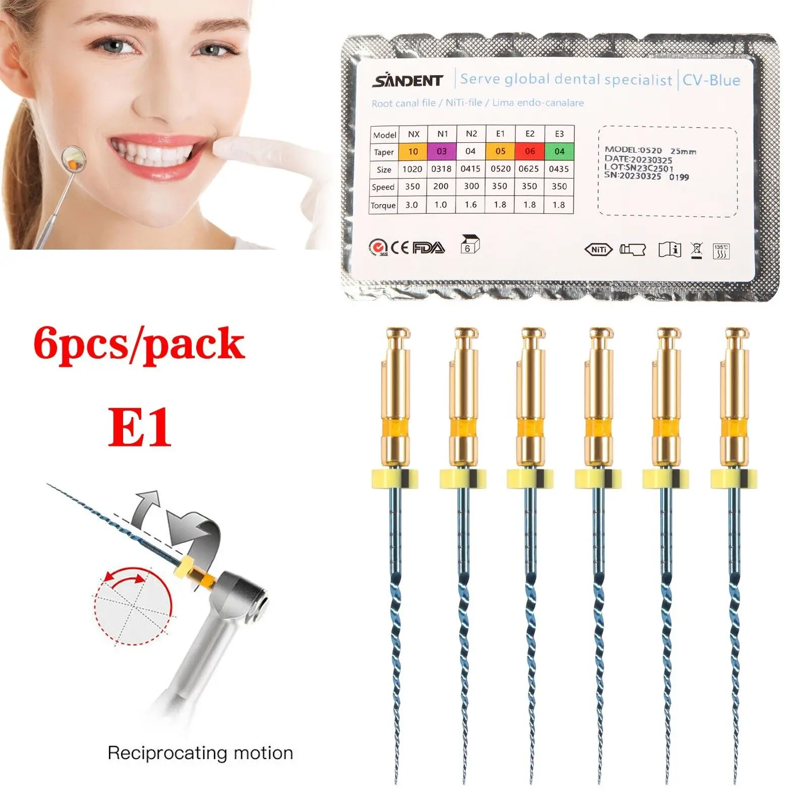 6PCS/1Pack Dental Endo Reciprocating Files Niti Gold File E1 Rotary Root Canal 25MM Flexible