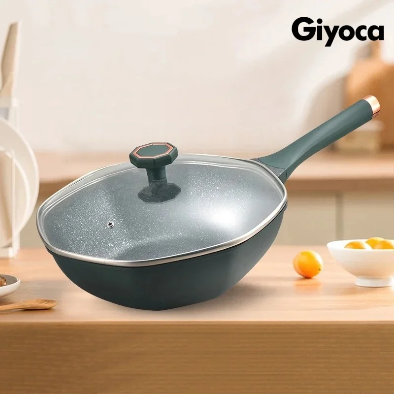 

Giyoca 30/32cm Star Anise Pot Medical Stone Coated Saucepan Nonstick Wok with Lid＆Wooden Handle Low-smoke Frying Pan Kitchenware