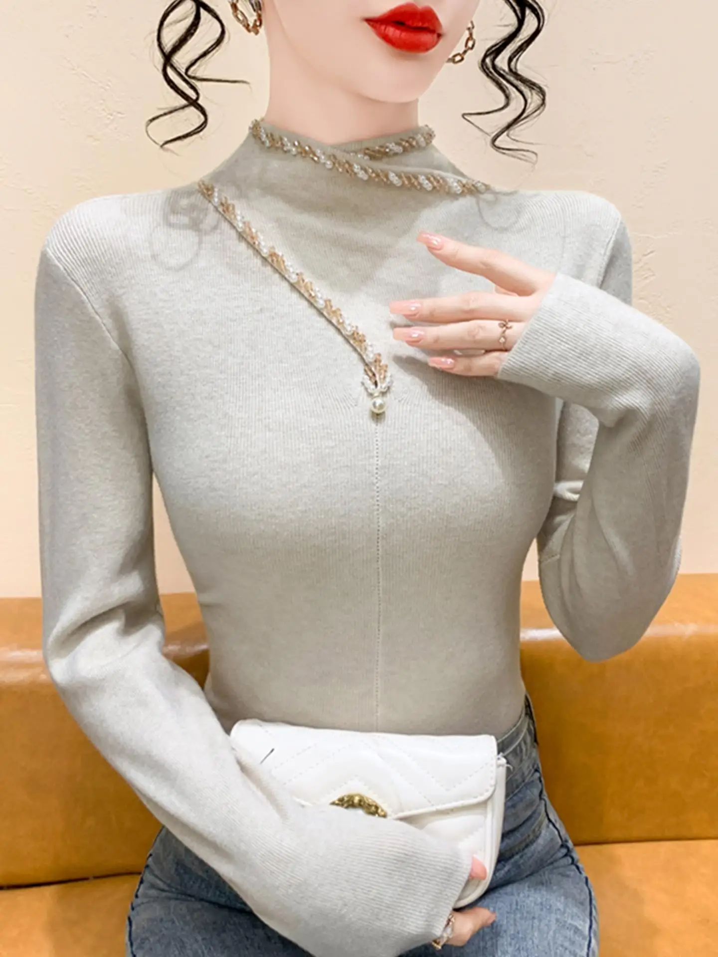 

Slim Fit Pearl Detail Knitwear f High Collar Long Sve Women's Faion Autumn Winter New Sle Base Layer Sweater Top