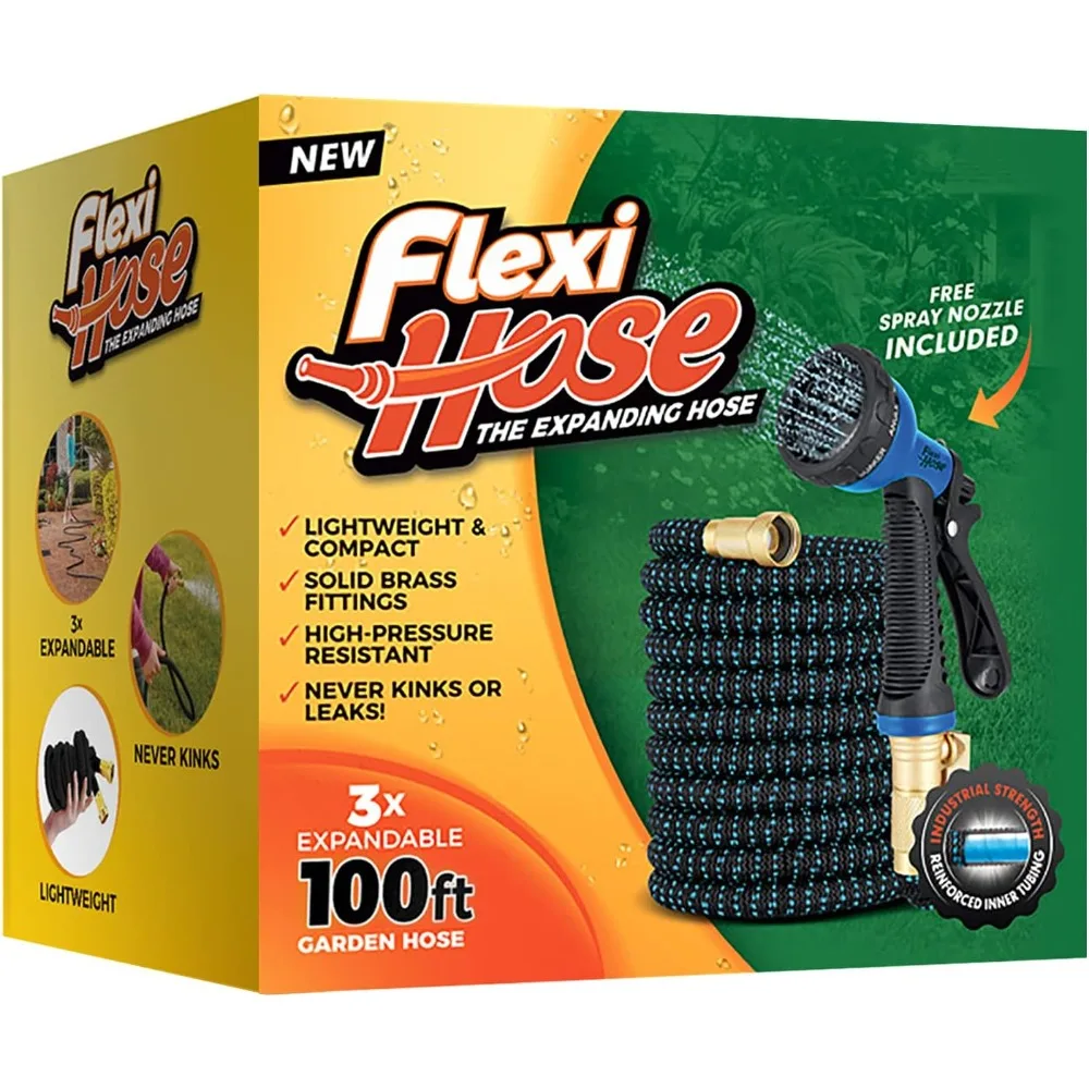 Flexi Hose with 8 Function Nozzle Expandable Garden Hose, Lightweight & No-Kink Flexible Garden Hose, 3/4 Inch Solid Brass