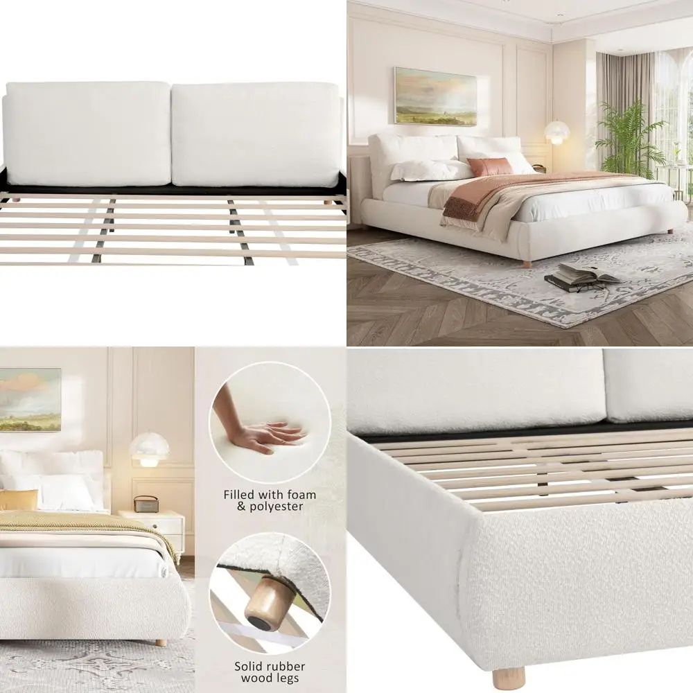 

Elegant Upholstered King-Size Platform Bed with Detachable Pillow Back, White Boucle Fabric