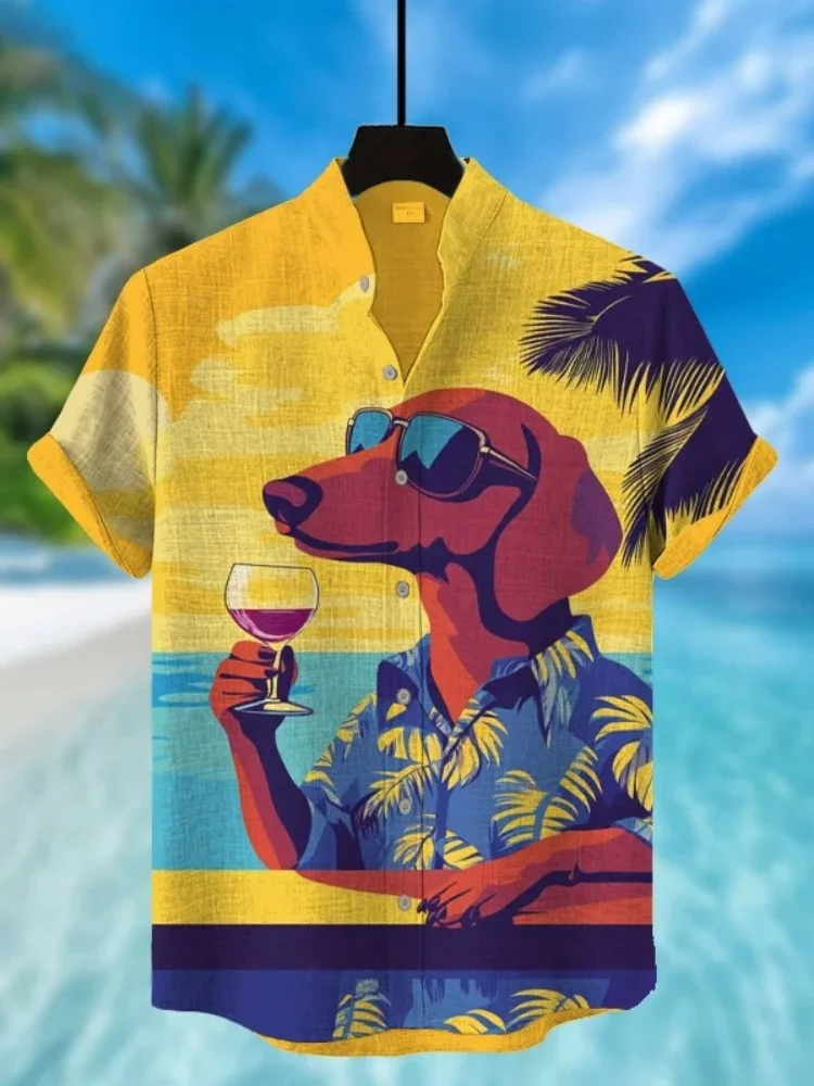 

Yellow Blouse Buttons Men's Dachshund With A Glass Of Wine International Dog Day Vacation Art Print Casual Shirt 2025 Summer