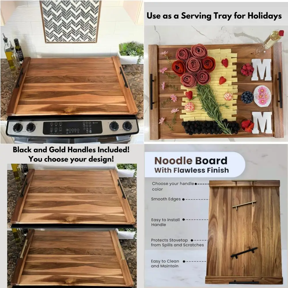 

Noodle Board Stove Cover with Handles, Acacia Wood Stove Cover, Black and Gold Handles Included, 30.25L x 21.75W, Stove Top Cove