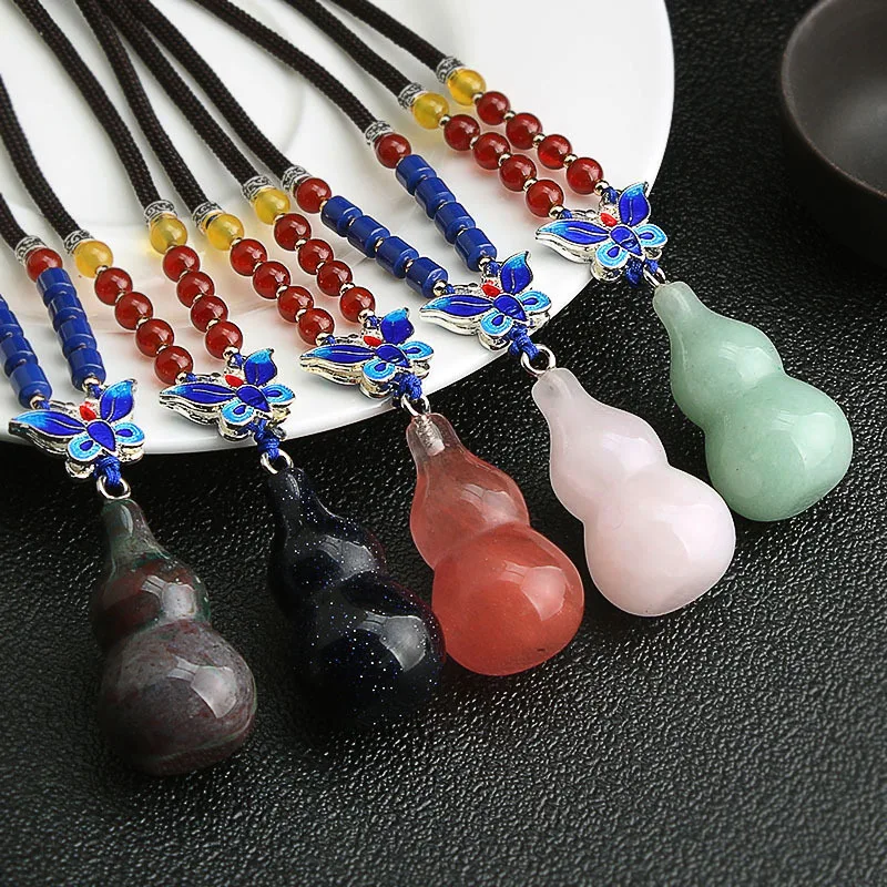 DIY accessories Natural crystal sweater chain, long ethnic style necklace, women's high-end agate powder crystal gourd pendant w