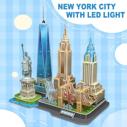 3D Jigsaw Building Model LED Lights Paris London New York City Scenery DIY Assembling Model