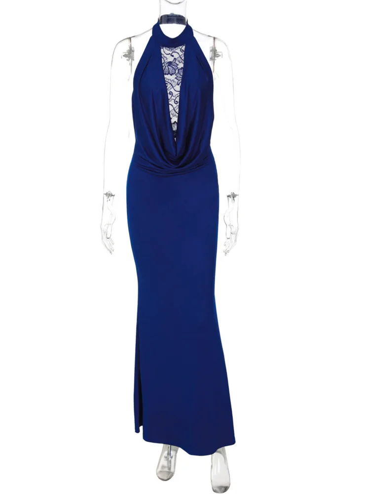 Mozision licou dentelle col en V Sexy robe Maxi femmes robe élégante dentelle pure épaules nues dos nu moulante Club fête longues robes