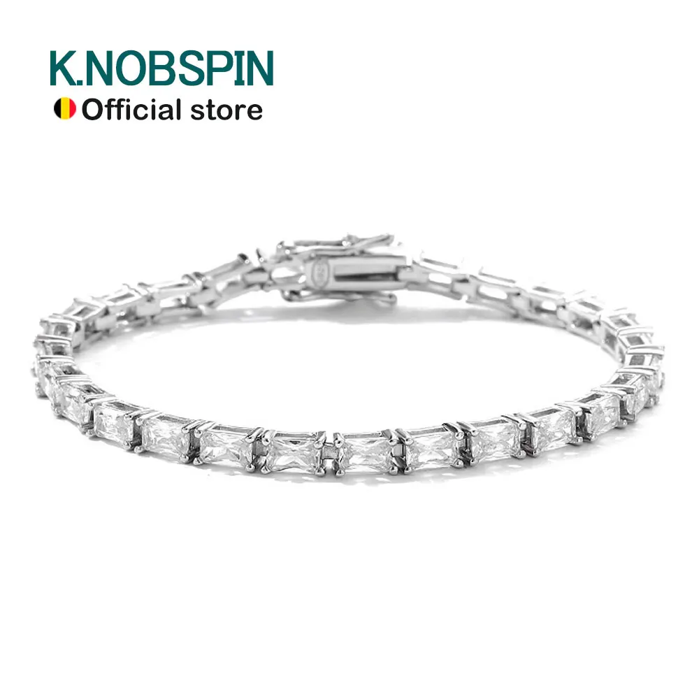 knobspin pulseira de tenis esmeralda zircao para homens e mulheres prata esterlina s925 ouro branco 18k com pulseira fina gra 3x5 mm 01