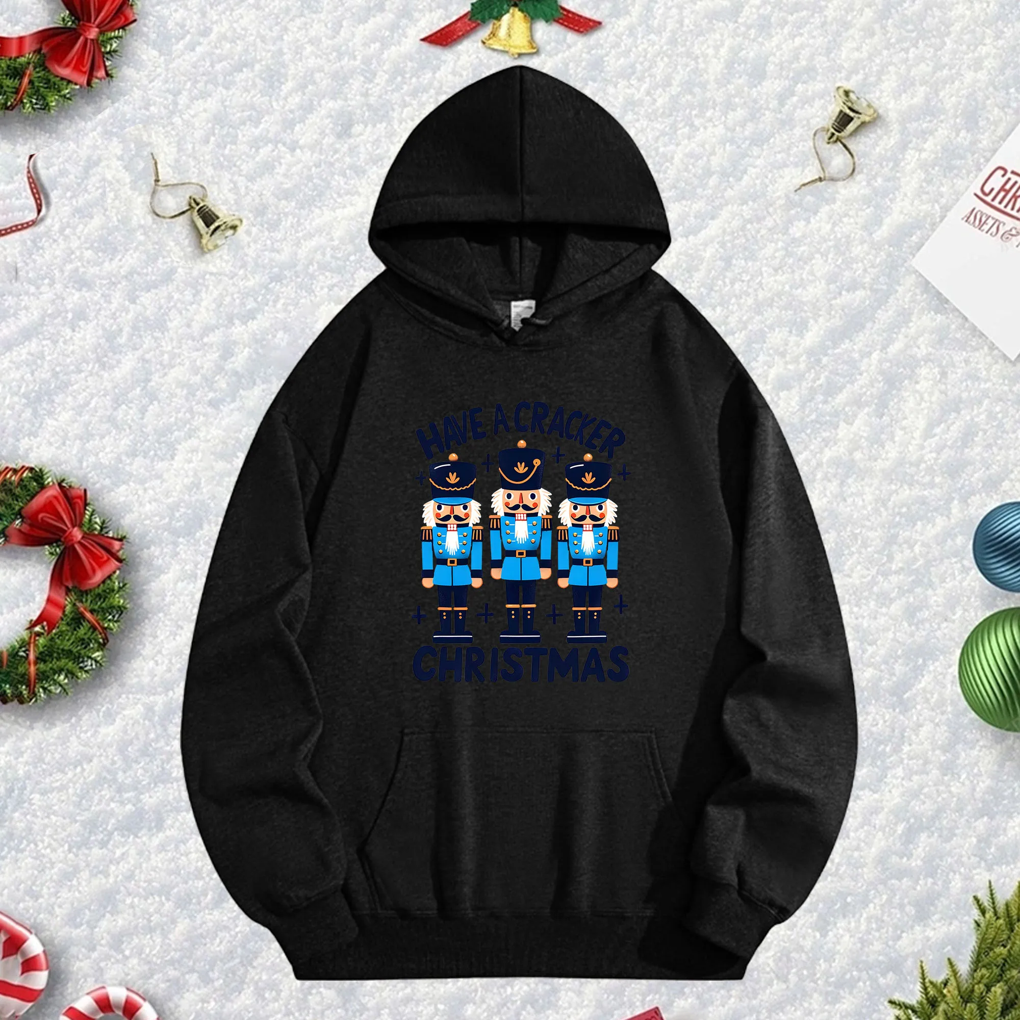 

CHRISTMAS 270G Черная толстовка с капюшоном для мужчин и женщин, уютный флисовый пуловер большого размера на осень/зиму, Рождество, Новый год