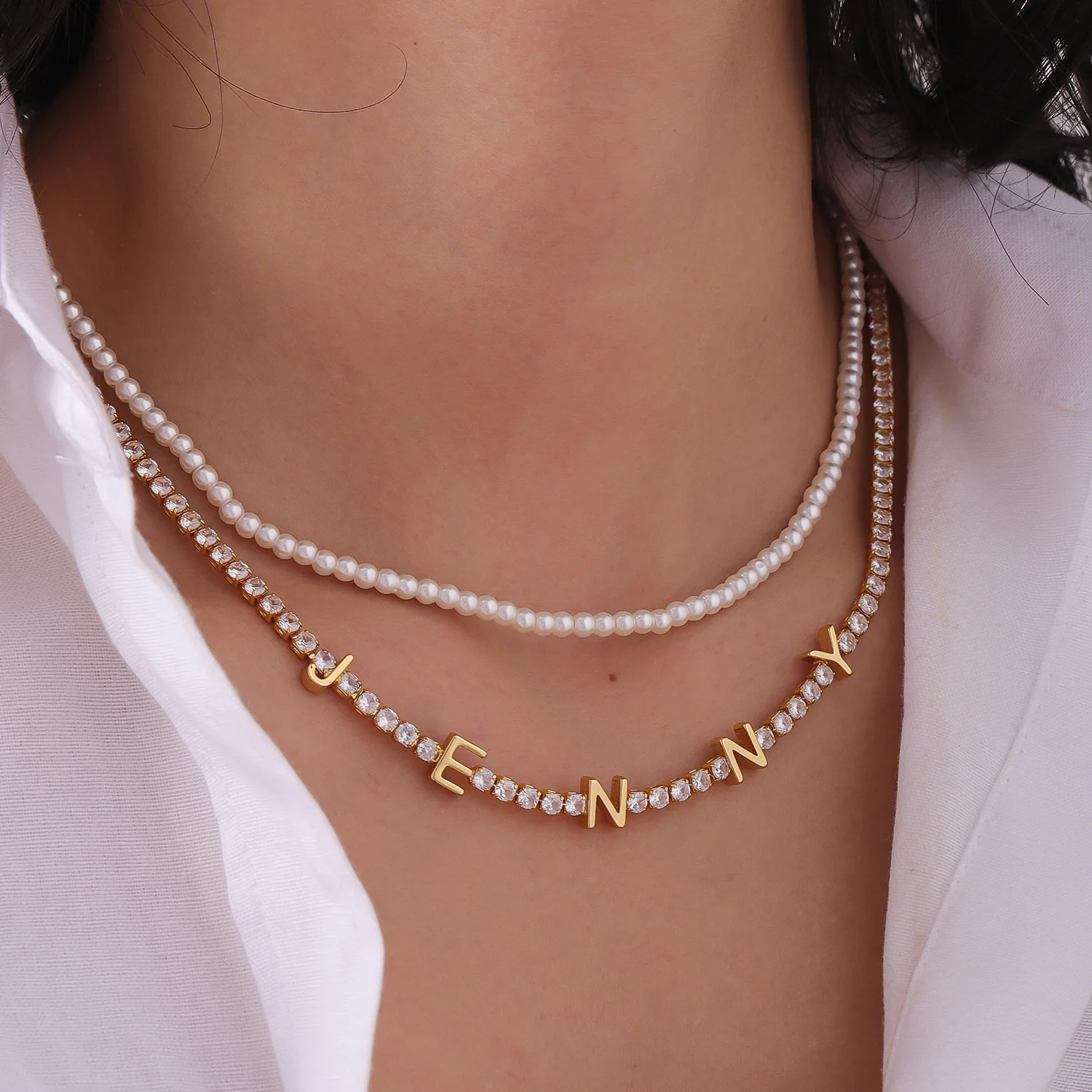 

Custom Letter Necklace Stackable Set 18K Gold Plated Sparkling Zircon Chain Freshwater Pearl Anniversary Christmas Gift for Her