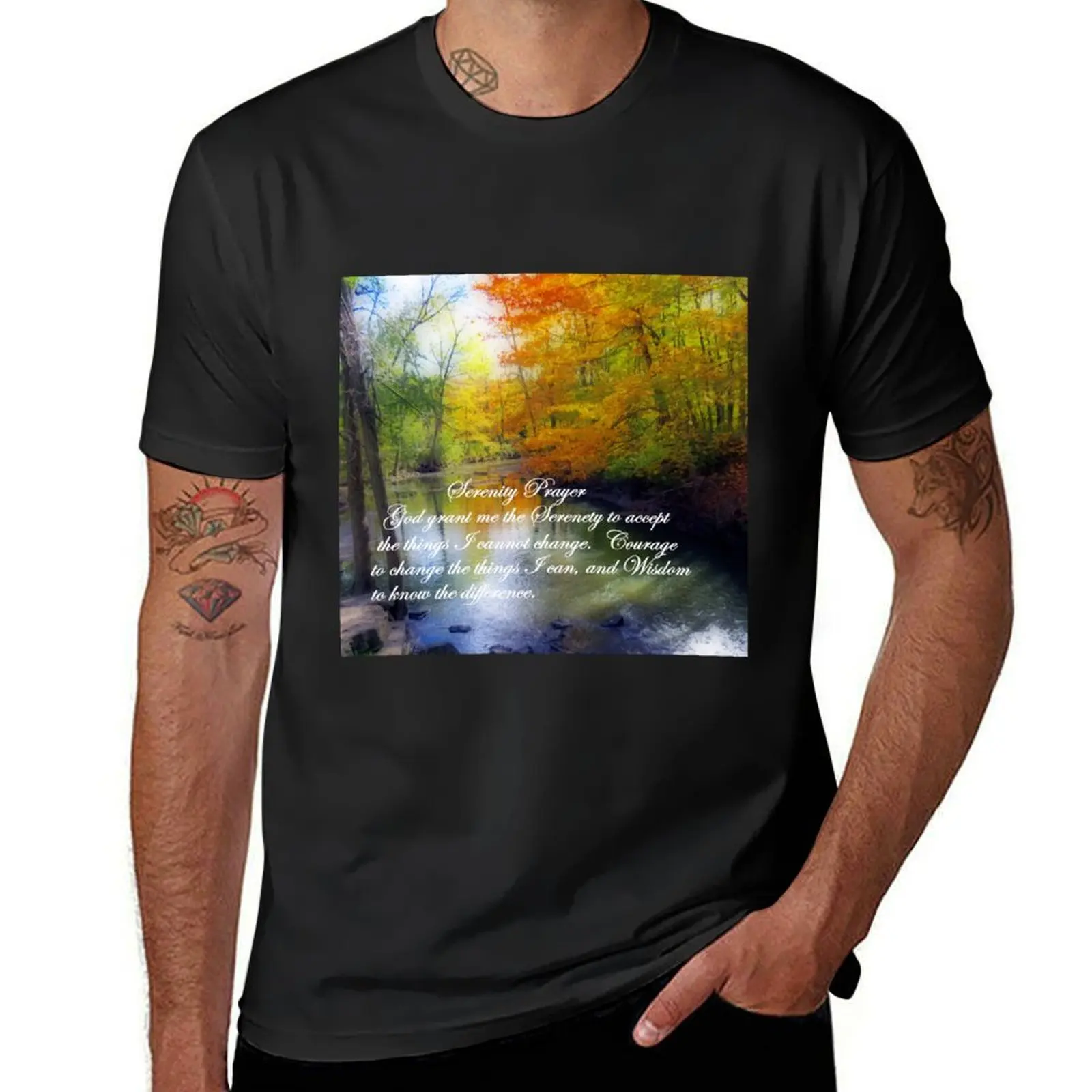 

Serenity Prayer With Beautiful Autumn Scene T-Shirt aesthetic clothes Blouse for a boy vintage Men's t-shirt