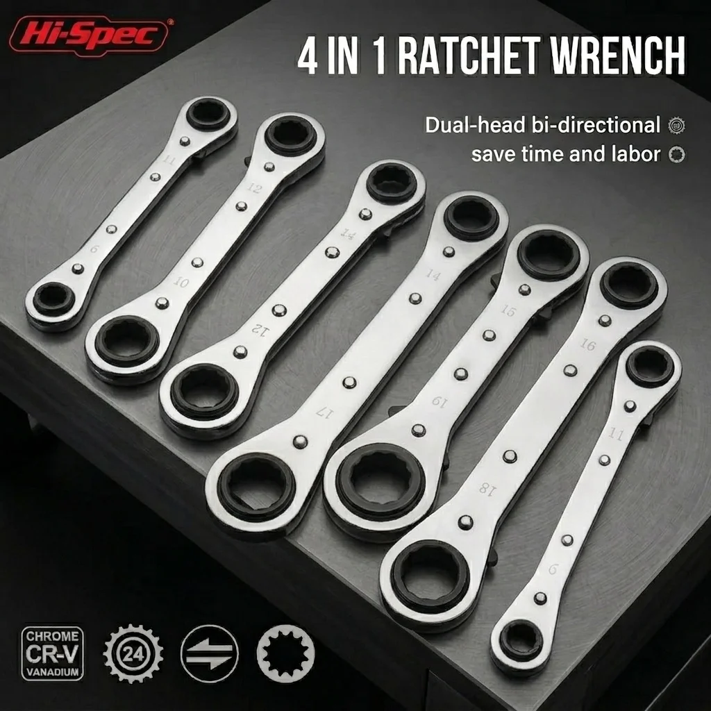 4-in-1 Quad-Size Ratschenschlüssel mit Mehrfachkopf, Verstellbarer Steckschlüssel, Professionelles CR-V Stahl-Handwerkzeug für Schnelles Festmachen