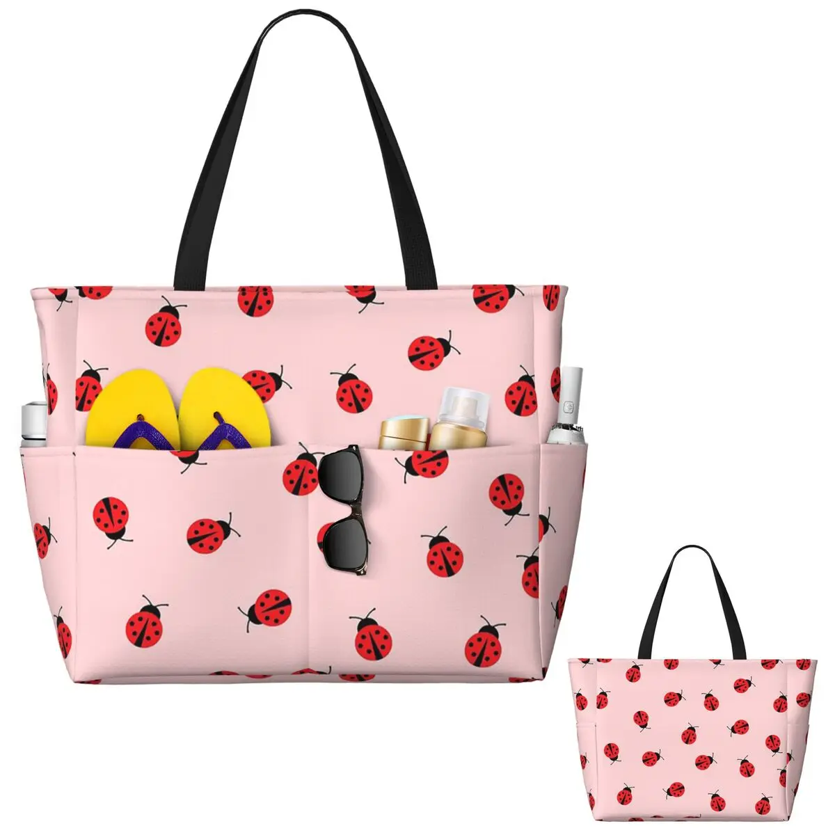 

Cute Ladybug Pattern On Pink Background Beach Tote Bag Sport Gym Yoga Duffle Large Tote Bag Women Travel Bag Fitness bag