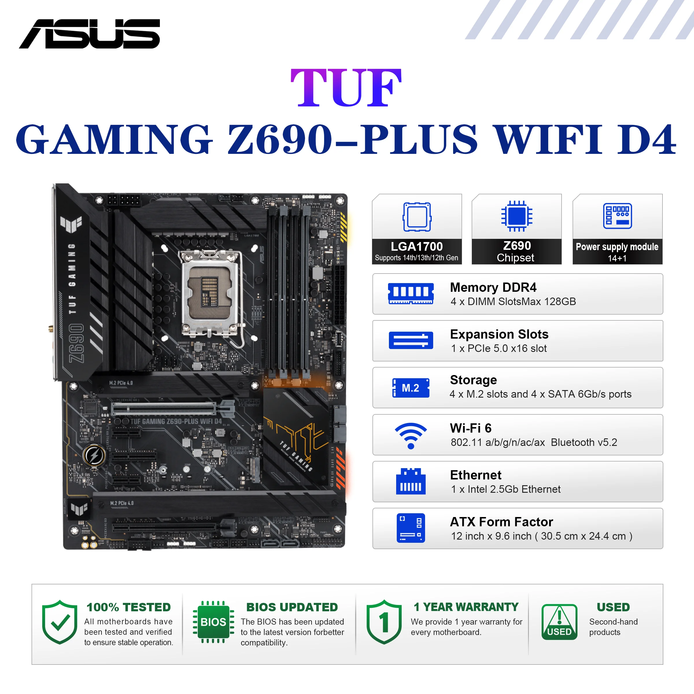 ASUS TUF GAMING Z690-PLUS WIFI D4 placa base Socket LGA1700 CPU DDR4 5333(OC) MHz Chipset de memoria Z690 ATX placa base
