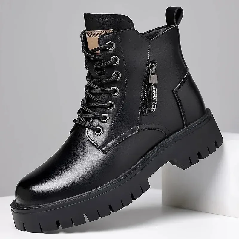 Men Boots High Quality Casual Leather Boot Outdoor Waterproof Leather Winter Booties Plush Warm Cotton Boots for Men Ankle Botas