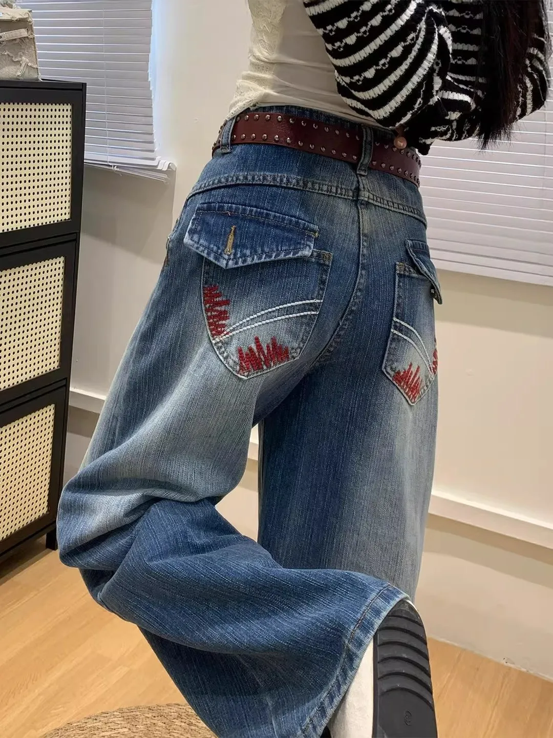 

American Retro Heavy Embroidery Wide Leg Jeans Women's Small Size High Waist Loose Slimming Design Straight Long Pants