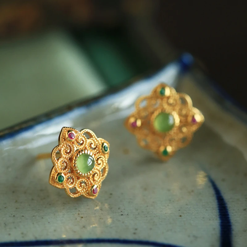 

*Hotan Jade jasper стерлингового серебра филигранные летние новые серьги в китайском стиле с инкрустацией золотом из нефрита
