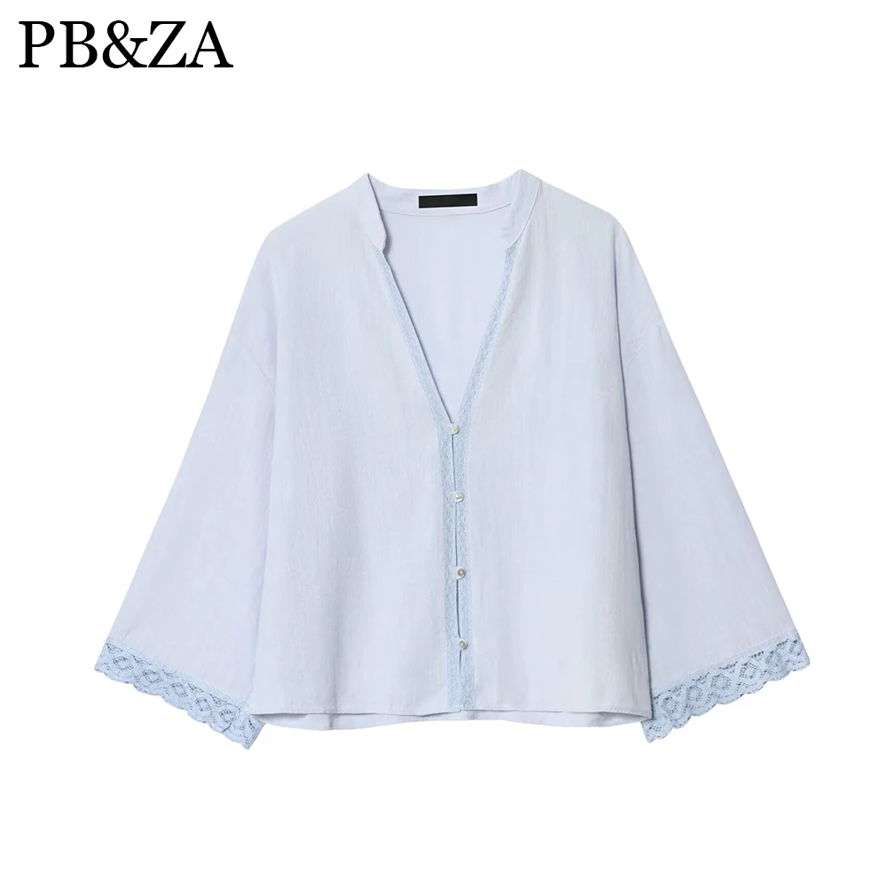 Damska jednokolorowa koronkowa krótka koszula z dekoltem w szpic i długimi rękawami, jednorzędowa, jesienna, nowa, modna koszula na co dzień