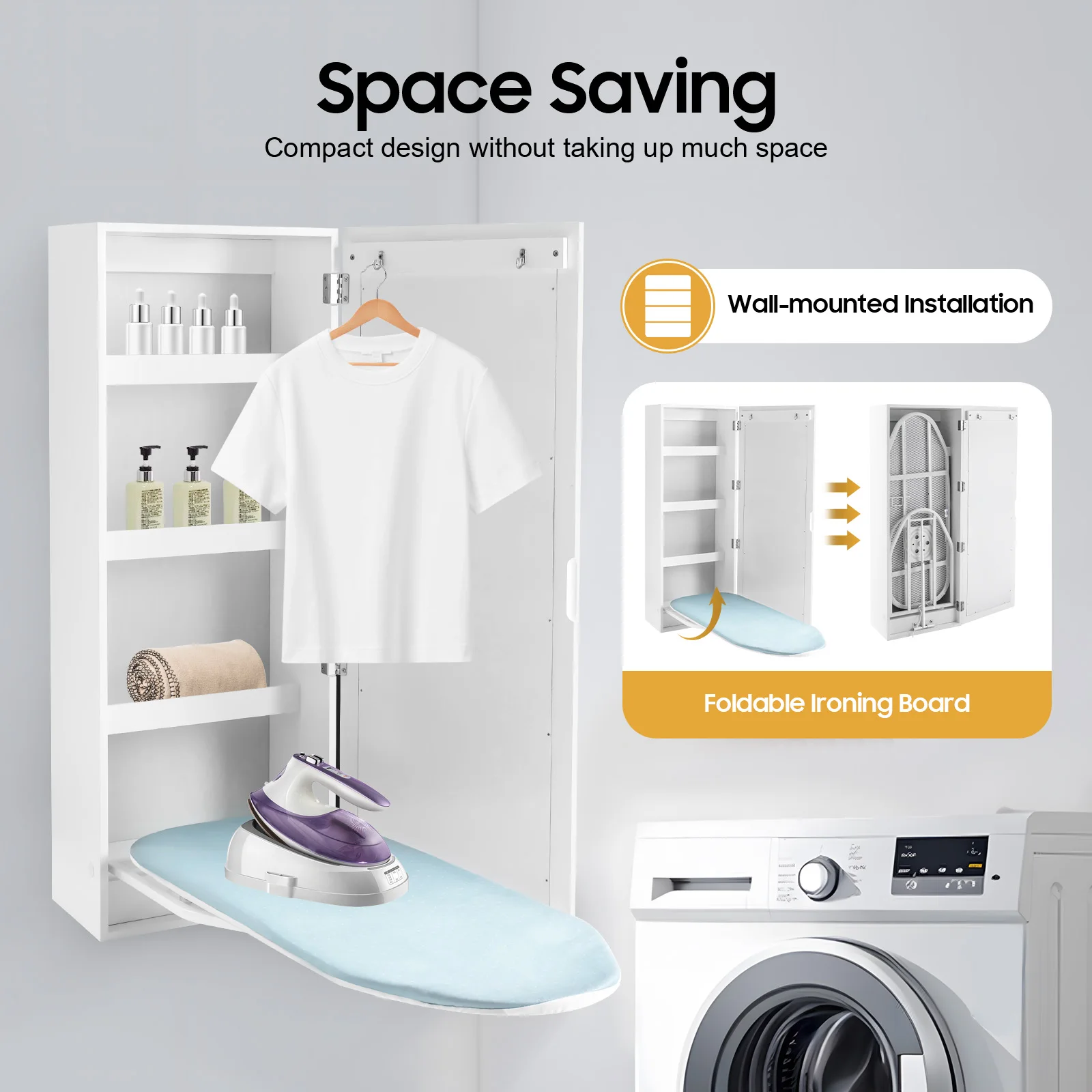 

Wall Mounted Ironing Board Cabinet Foldable with Rotatable Board Storage Space for Home Hotel and Apartment