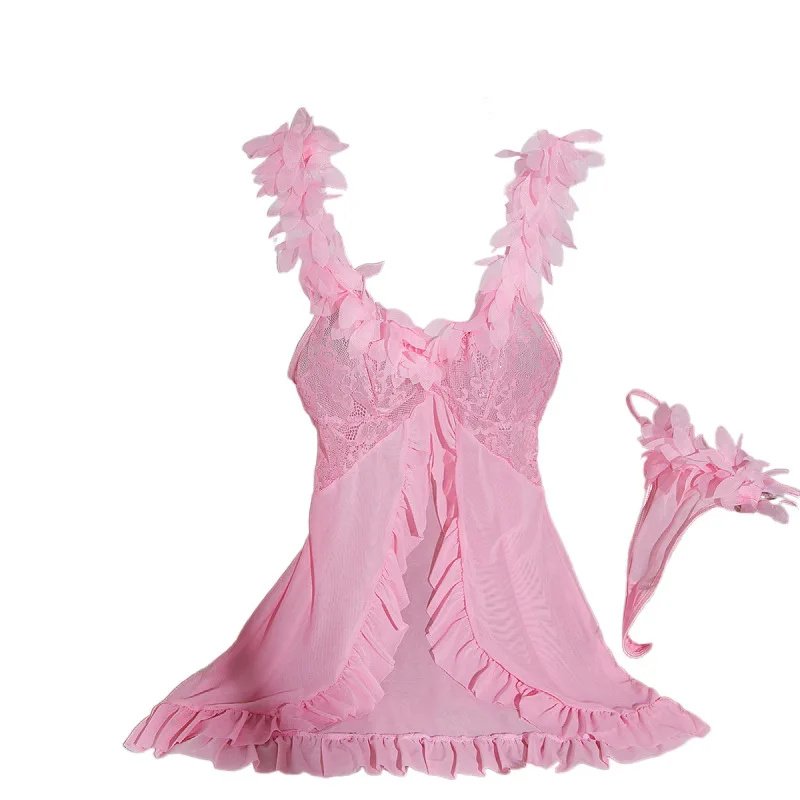 

Romantic and sexy dress with three-dimensional petal lace splicing and split open backless nightgown set in pink