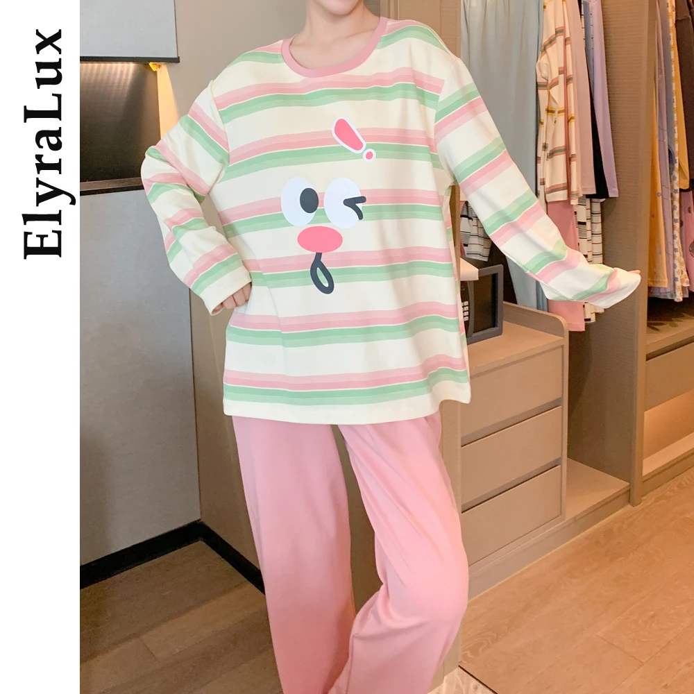 

ElyraLux Autumn 2 Pieces Pyjamas Set Women Sleepwear Lovely Home Suit 2025 Round Neck Girls Sleepwear Long Sleeve Pajamas Sets