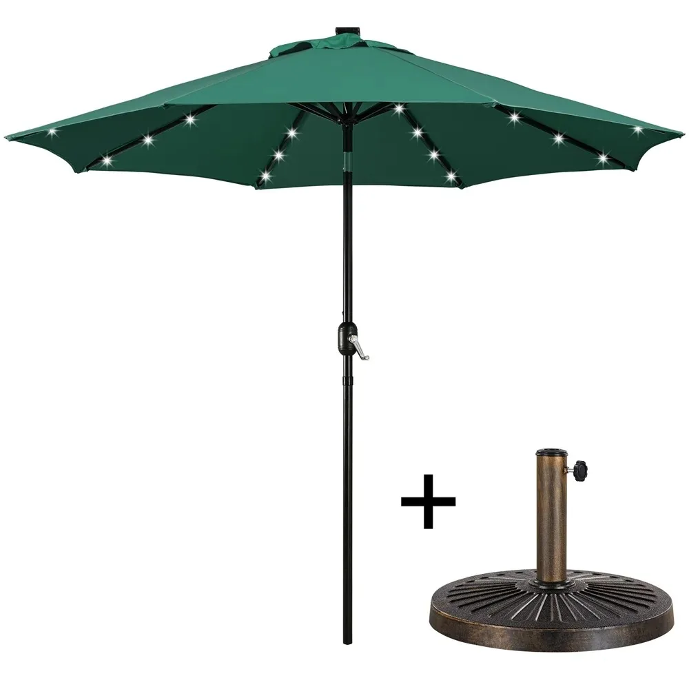 

9ft Outdoor Market Patio Umbrella with 32 LED Lights and Base Stand, Dark Green