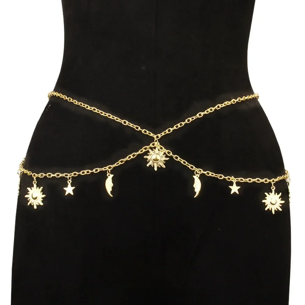 Łańcuszek na talię Moon Star Charm, łańcuszek na brzuch z frędzlami i metalowymi ogniwami, biżuteria Party Beach Summer Accessories